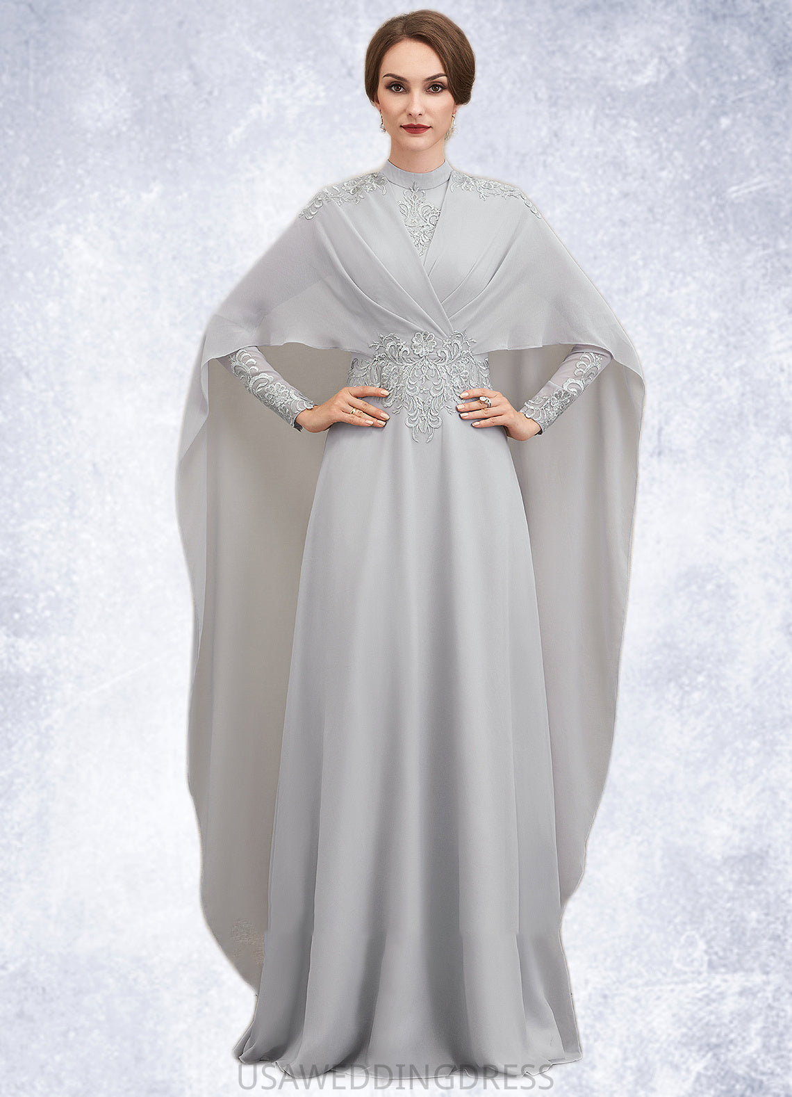 Hortensia A-Line High Neck Floor-Length Chiffon Lace Mother of the Bride Dress With Ruffle DS126P0014923