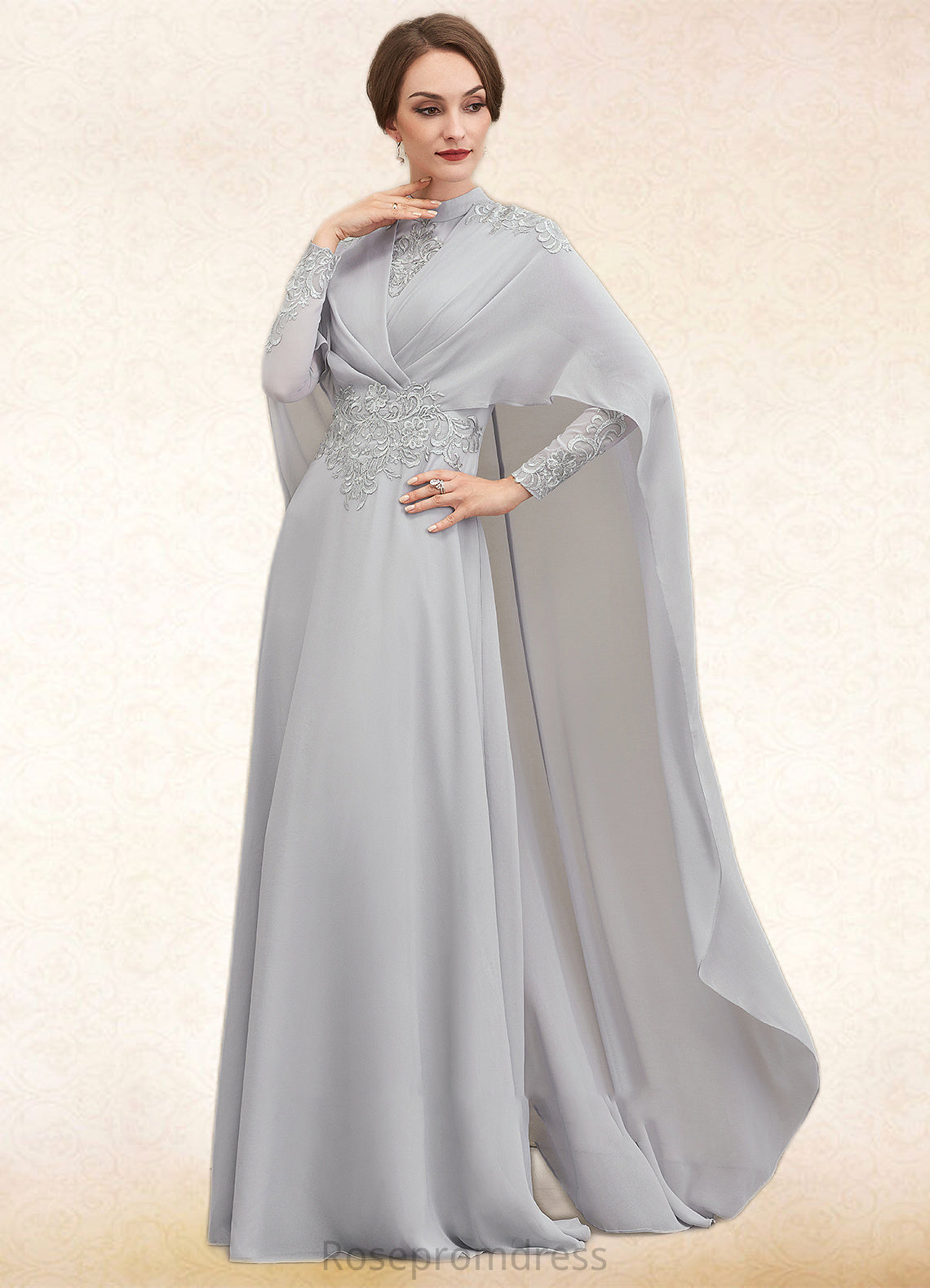 Kailey A-Line High Neck Floor-Length Chiffon Lace Mother of the Bride Dress With Ruffle SRS126P0014923