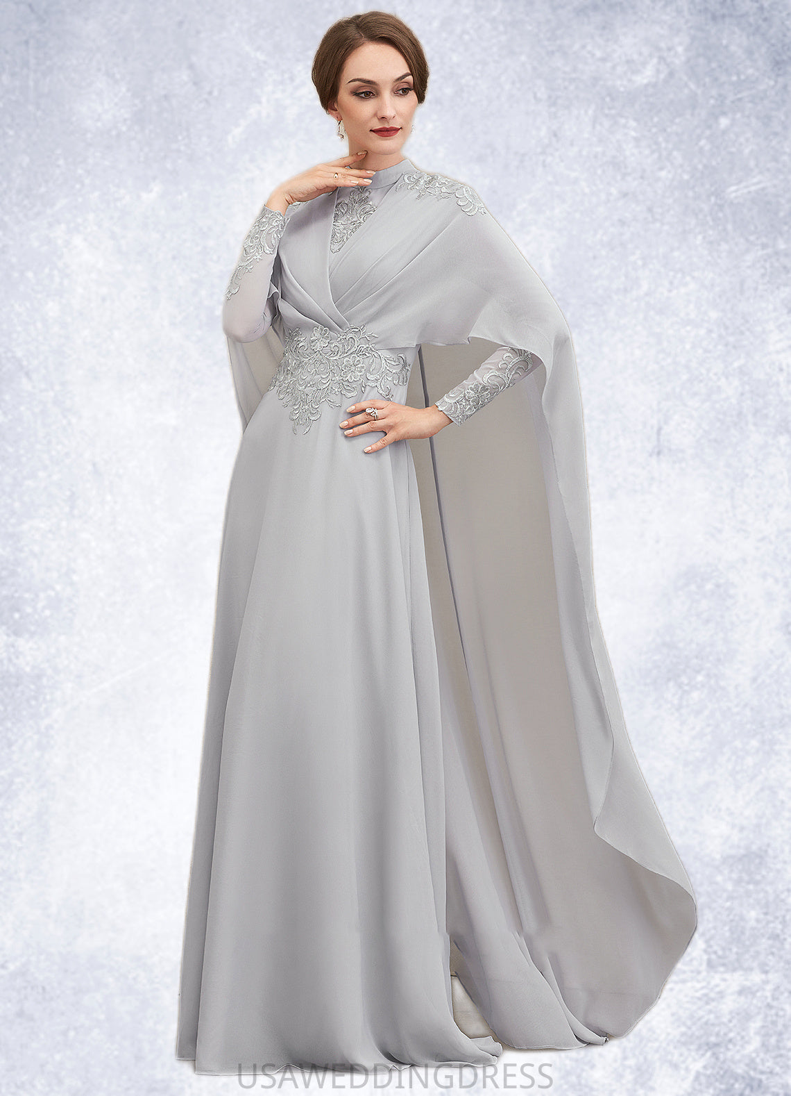 Hortensia A-Line High Neck Floor-Length Chiffon Lace Mother of the Bride Dress With Ruffle DS126P0014923