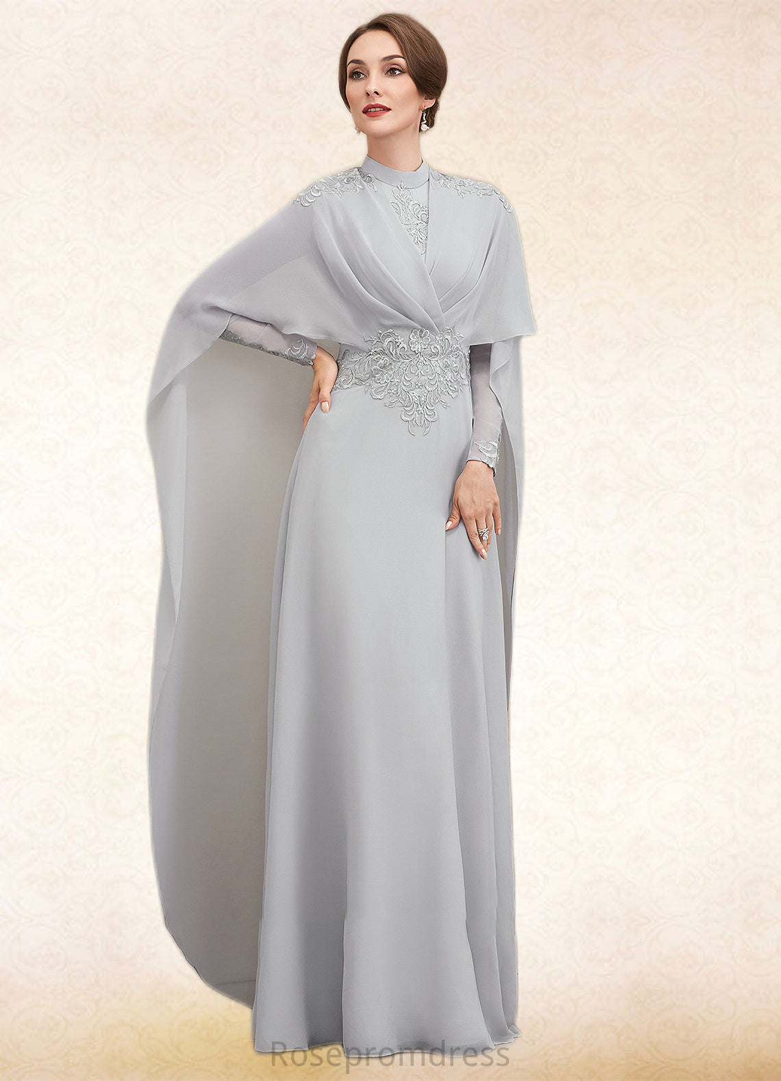 Kailey A-Line High Neck Floor-Length Chiffon Lace Mother of the Bride Dress With Ruffle SRS126P0014923