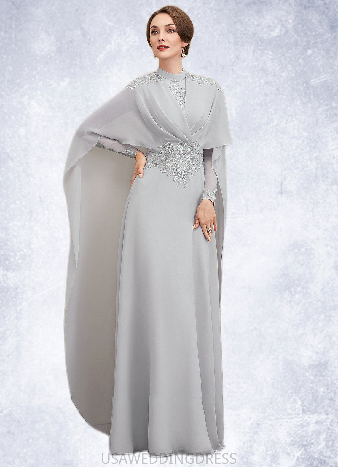 Hortensia A-Line High Neck Floor-Length Chiffon Lace Mother of the Bride Dress With Ruffle DS126P0014923