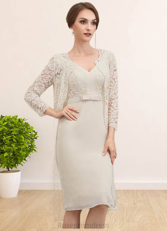 Kim Sheath/Column V-neck Knee-Length Chiffon Lace Mother of the Bride Dress With Bow(s) SRS126P0014924