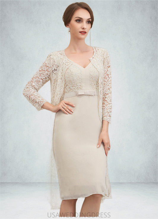 Anaya Sheath/Column V-neck Knee-Length Chiffon Lace Mother of the Bride Dress With Bow(s) DS126P0014924