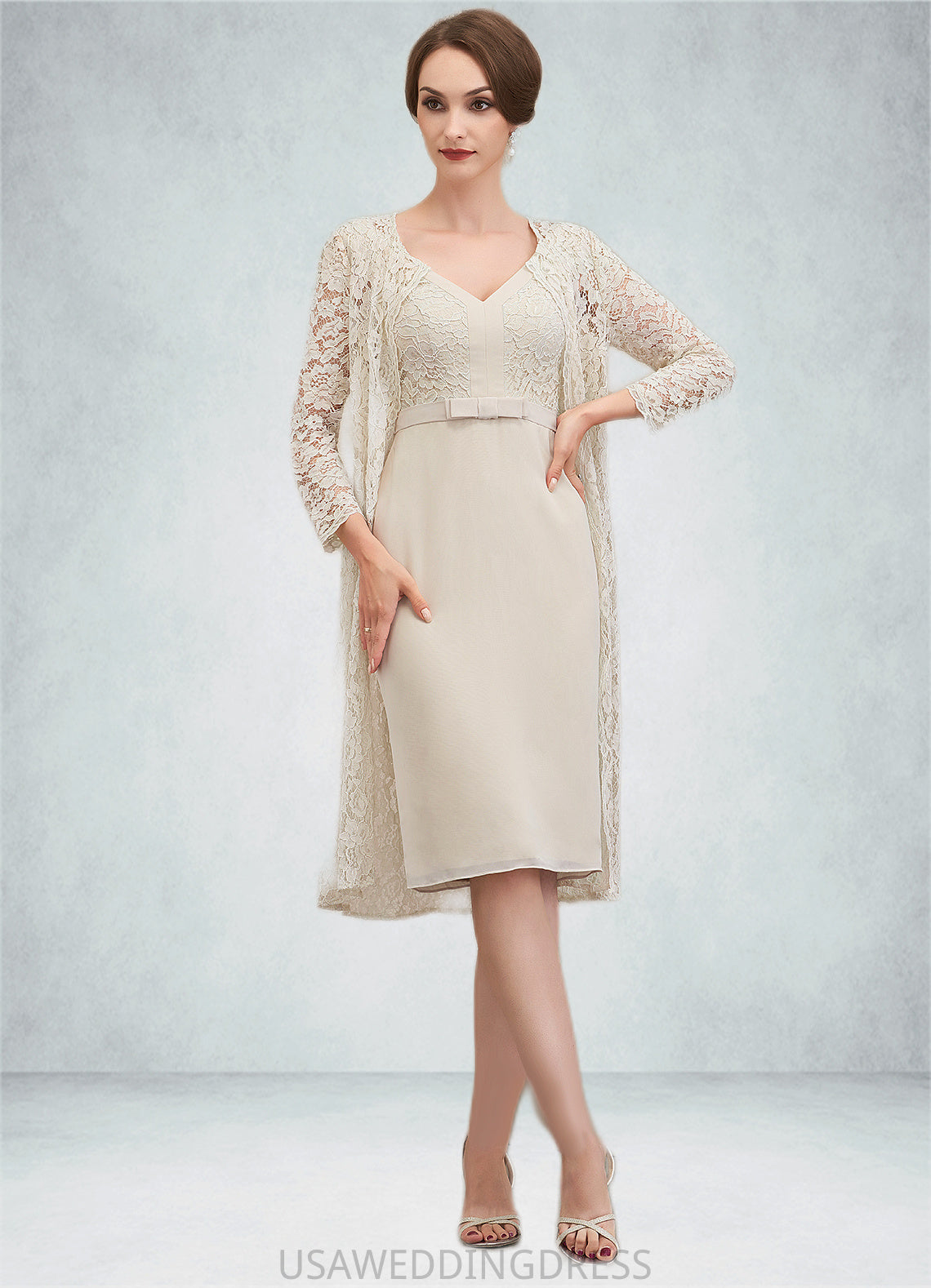 Anaya Sheath/Column V-neck Knee-Length Chiffon Lace Mother of the Bride Dress With Bow(s) DS126P0014924