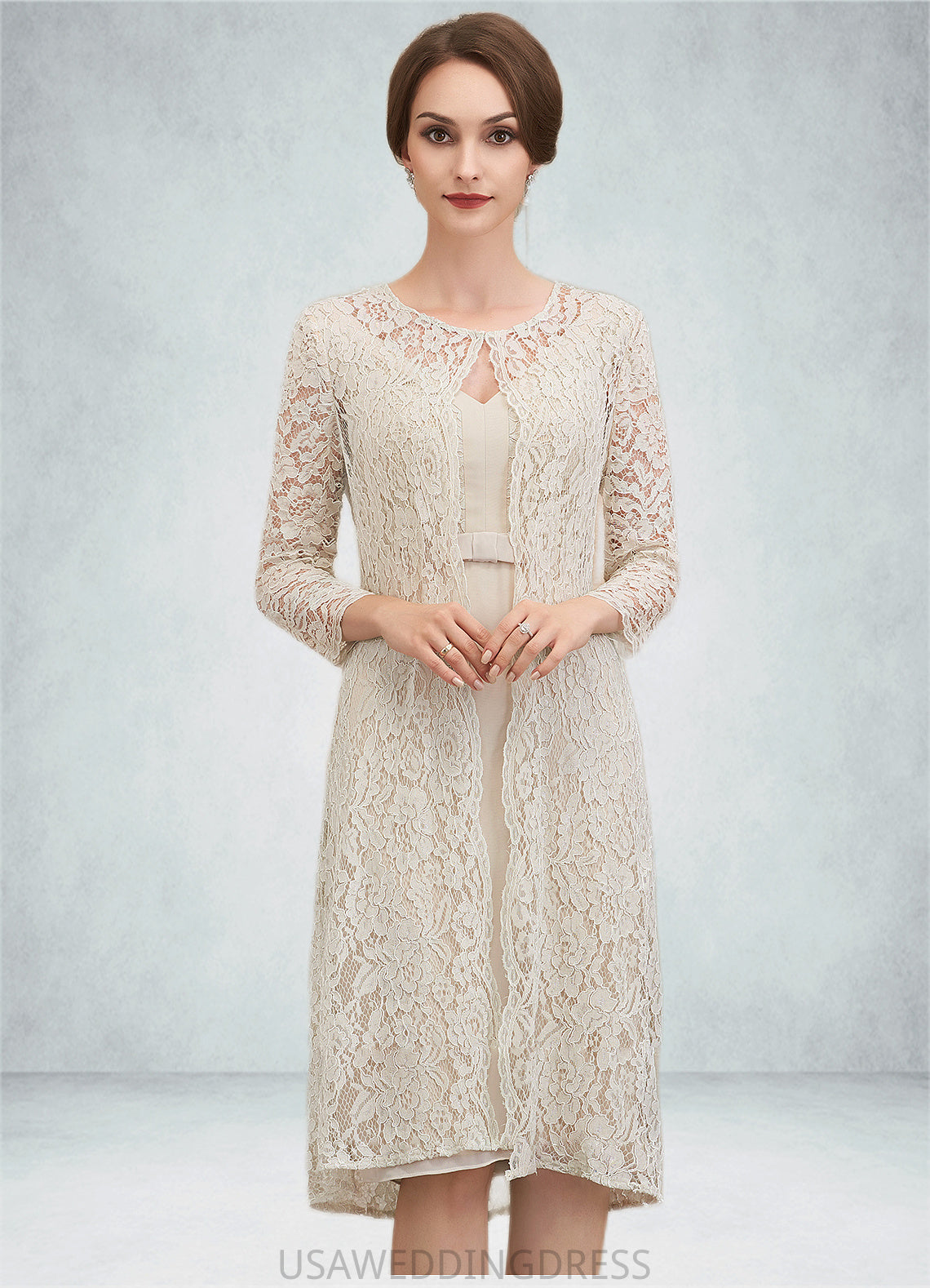 Anaya Sheath/Column V-neck Knee-Length Chiffon Lace Mother of the Bride Dress With Bow(s) DS126P0014924