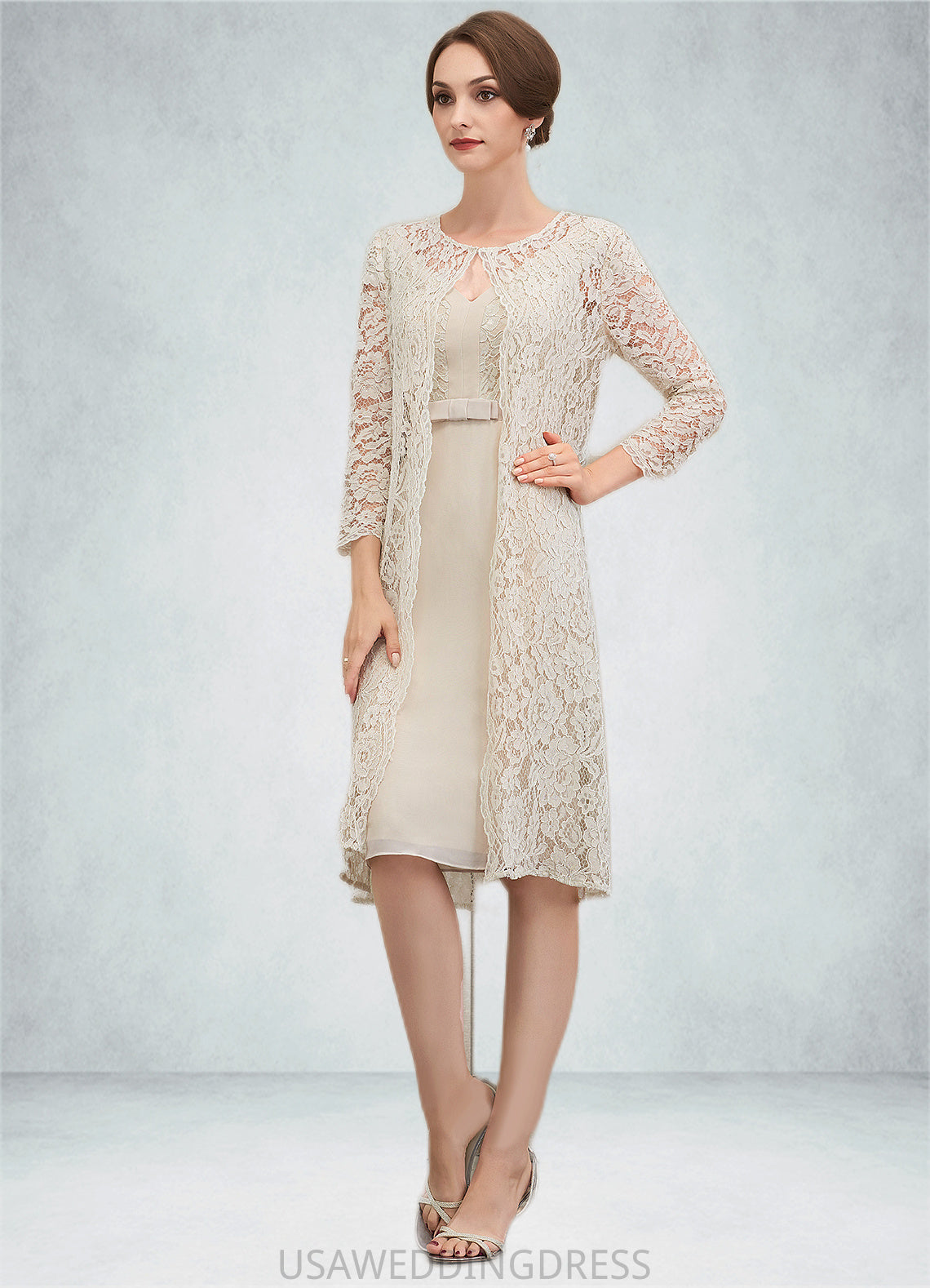 Anaya Sheath/Column V-neck Knee-Length Chiffon Lace Mother of the Bride Dress With Bow(s) DS126P0014924