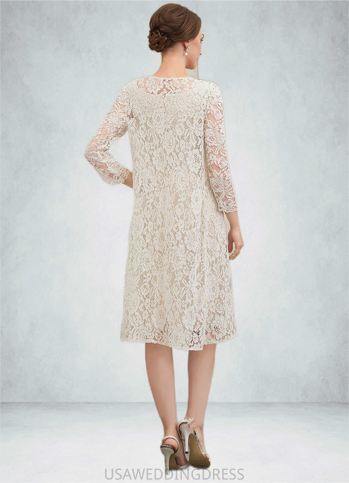 Anaya Sheath/Column V-neck Knee-Length Chiffon Lace Mother of the Bride Dress With Bow(s) DS126P0014924