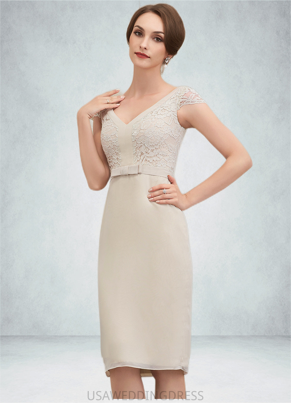 Anaya Sheath/Column V-neck Knee-Length Chiffon Lace Mother of the Bride Dress With Bow(s) DS126P0014924