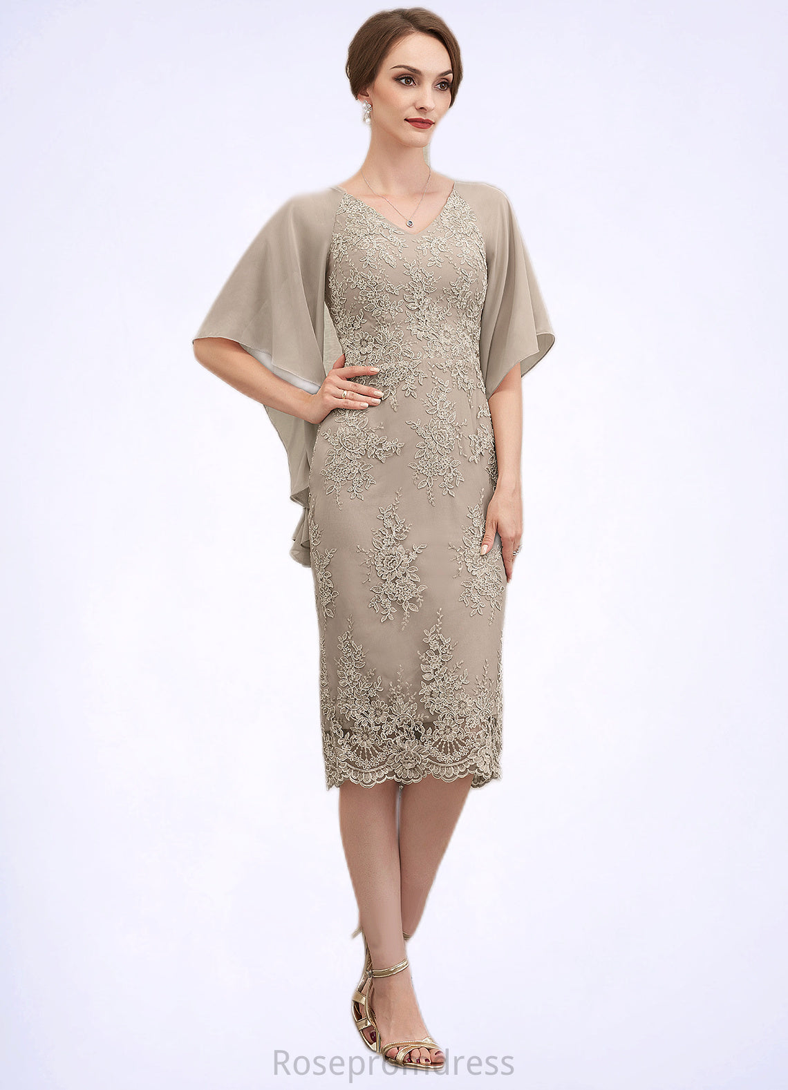 Stella Sheath/Column V-neck Knee-Length Chiffon Lace Mother of the Bride Dress With Cascading Ruffles SRS126P0014925