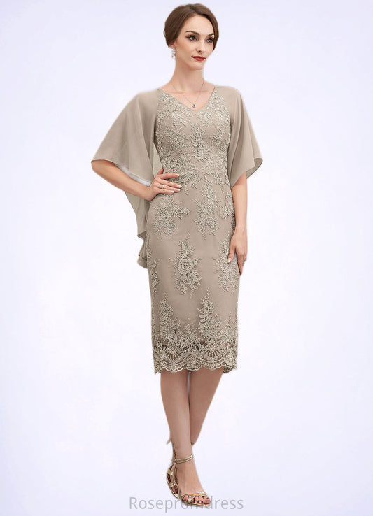 Stella Sheath/Column V-neck Knee-Length Chiffon Lace Mother of the Bride Dress With Cascading Ruffles SRS126P0014925