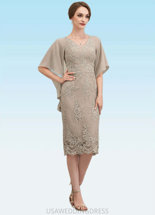 Averi Sheath/Column V-neck Knee-Length Chiffon Lace Mother of the Bride Dress With Cascading Ruffles DS126P0014925