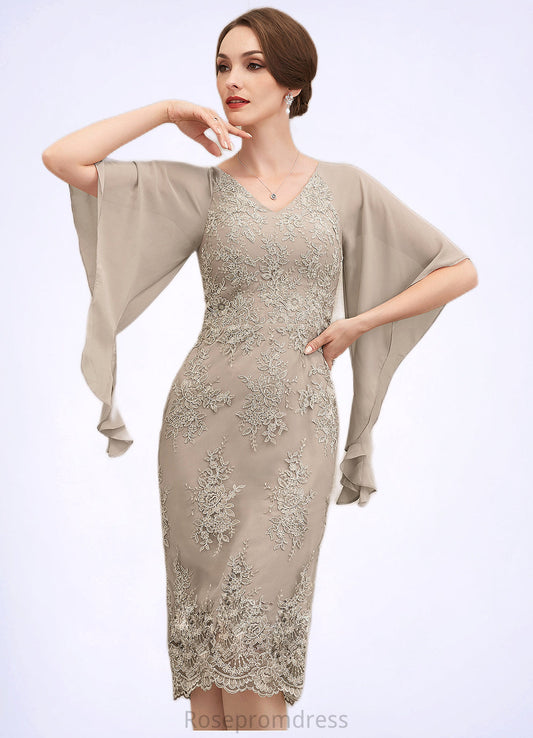 Stella Sheath/Column V-neck Knee-Length Chiffon Lace Mother of the Bride Dress With Cascading Ruffles SRS126P0014925