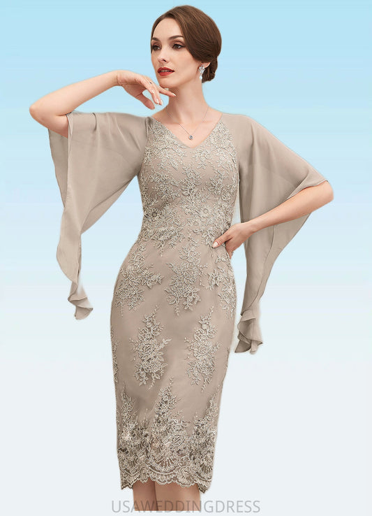 Averi Sheath/Column V-neck Knee-Length Chiffon Lace Mother of the Bride Dress With Cascading Ruffles DS126P0014925