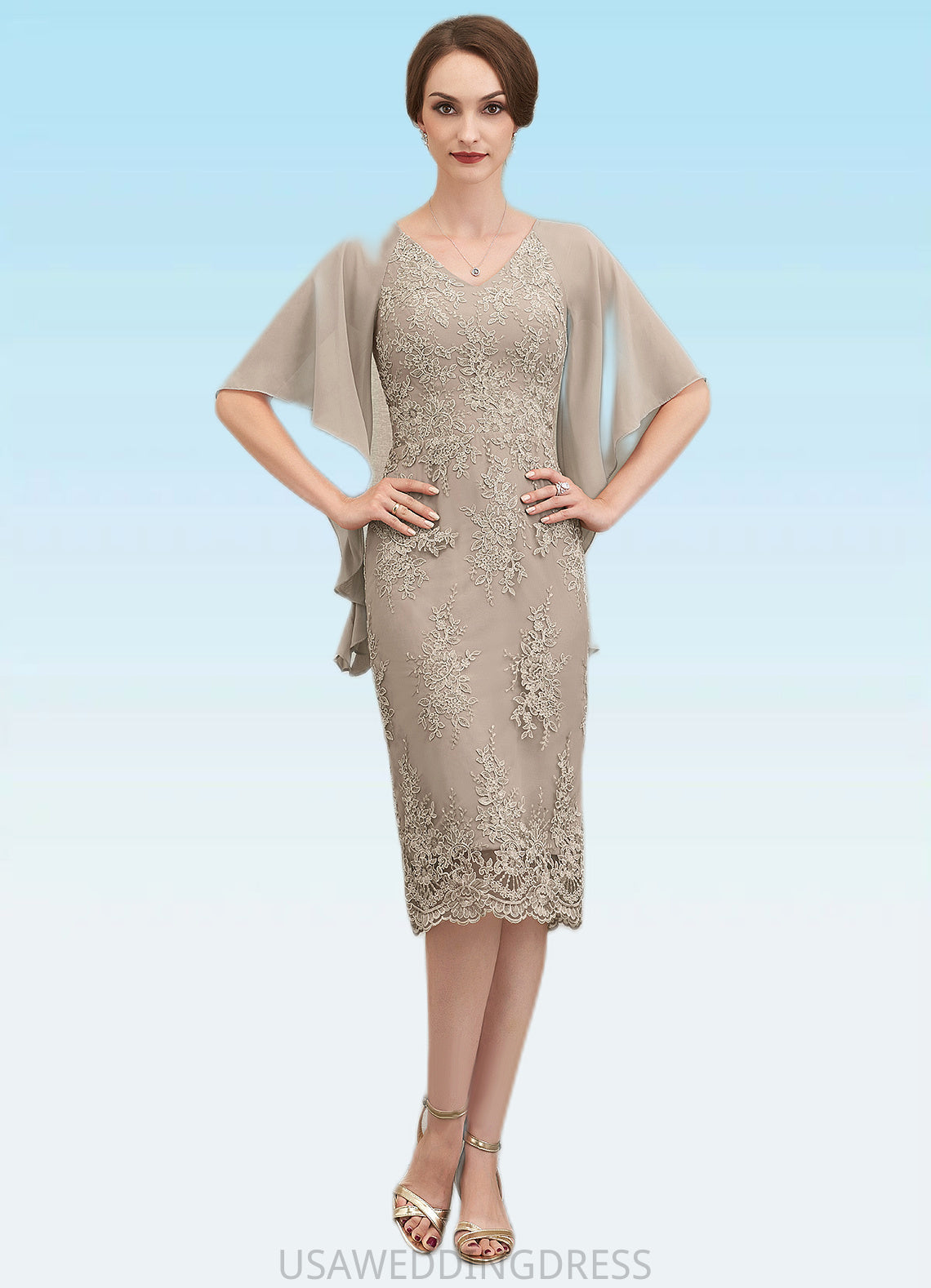 Averi Sheath/Column V-neck Knee-Length Chiffon Lace Mother of the Bride Dress With Cascading Ruffles DS126P0014925