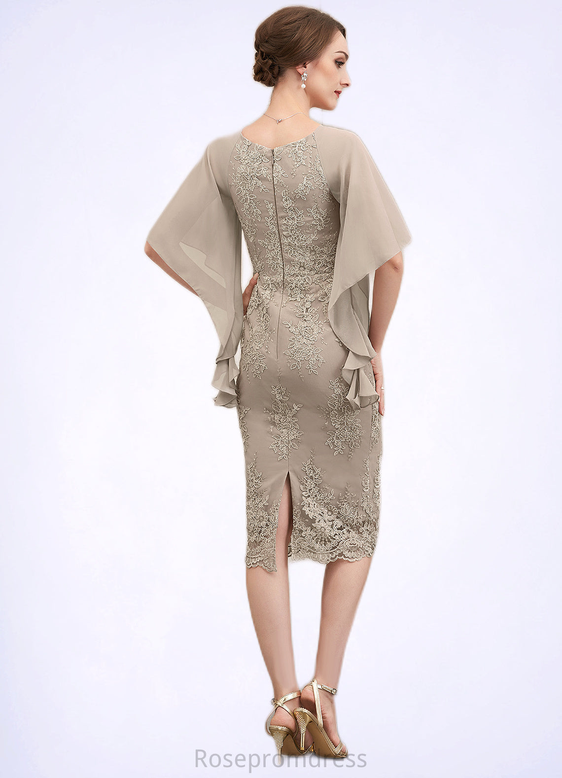 Stella Sheath/Column V-neck Knee-Length Chiffon Lace Mother of the Bride Dress With Cascading Ruffles SRS126P0014925