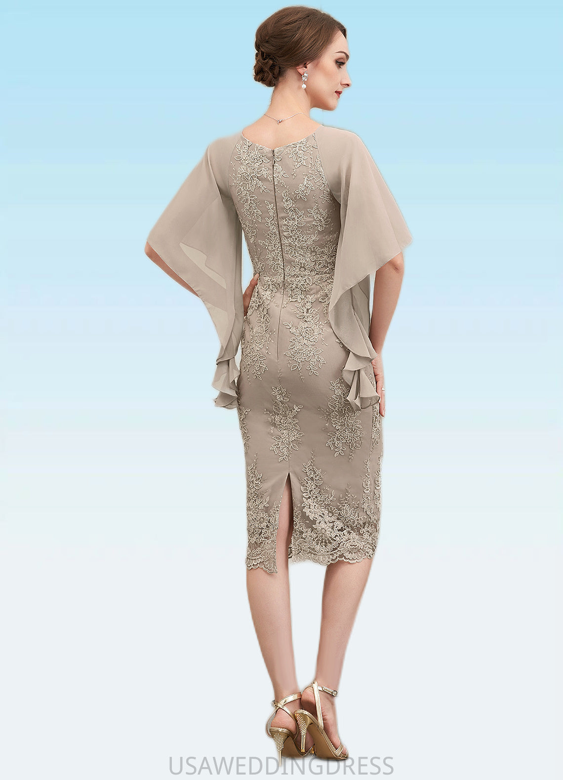 Averi Sheath/Column V-neck Knee-Length Chiffon Lace Mother of the Bride Dress With Cascading Ruffles DS126P0014925