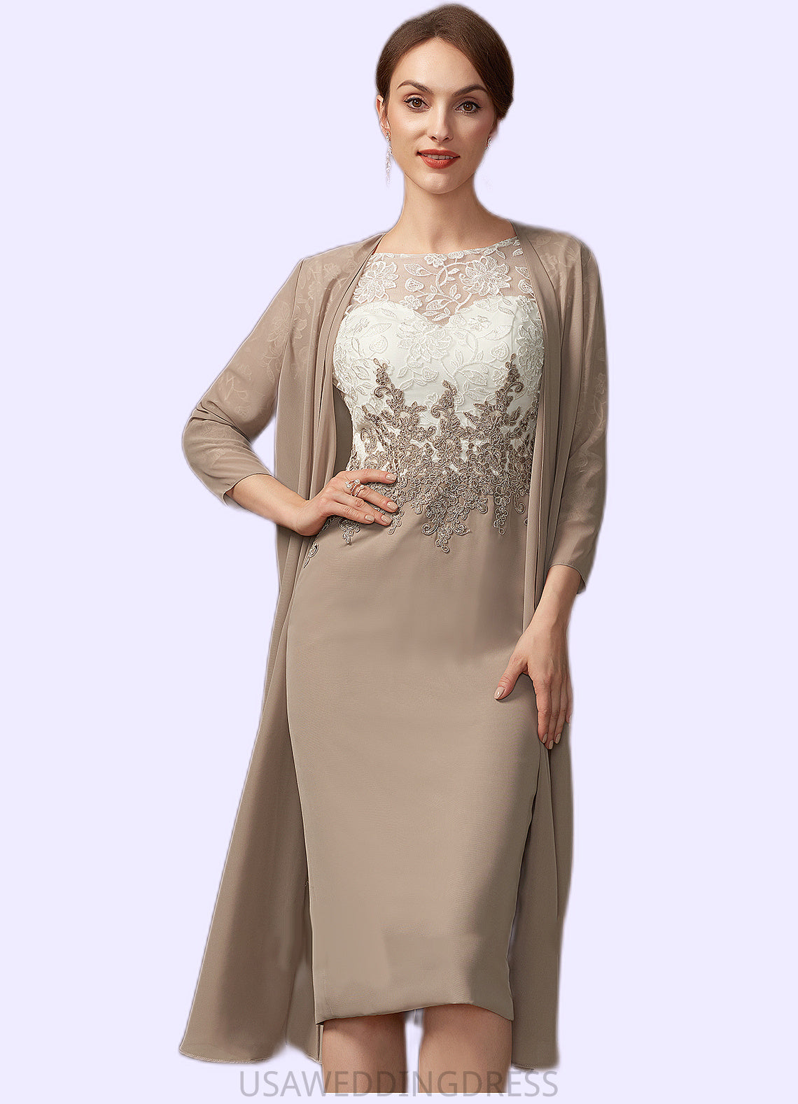 Janessa Sheath/Column Scoop Neck Knee-Length Chiffon Lace Mother of the Bride Dress DS126P0014927