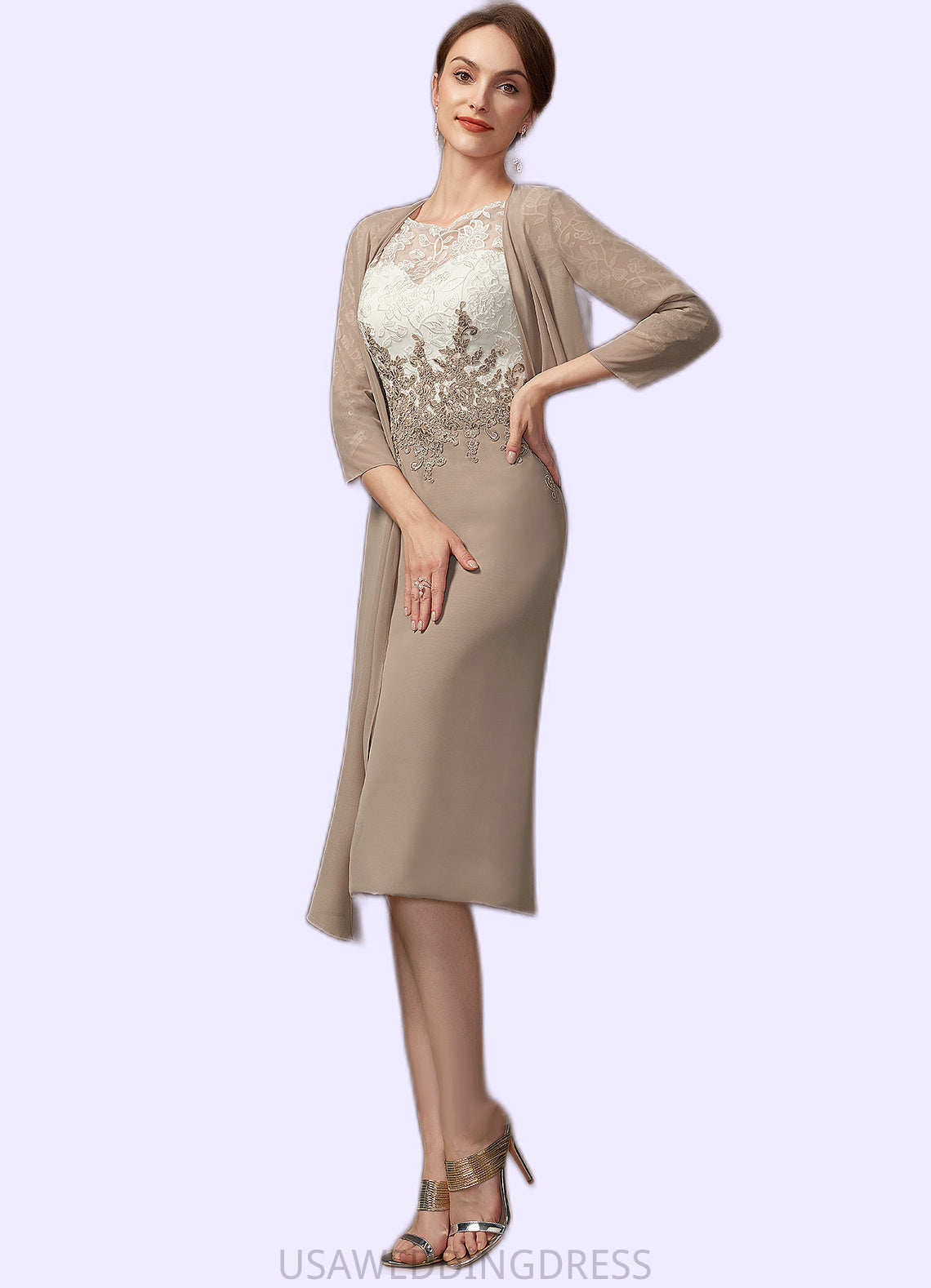 Janessa Sheath/Column Scoop Neck Knee-Length Chiffon Lace Mother of the Bride Dress DS126P0014927