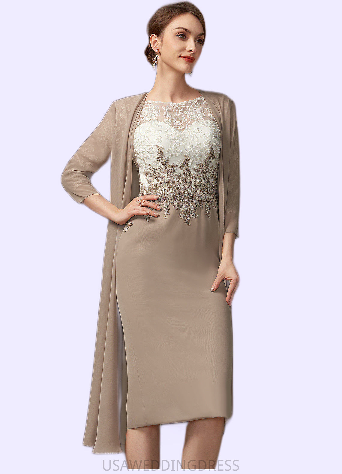 Janessa Sheath/Column Scoop Neck Knee-Length Chiffon Lace Mother of the Bride Dress DS126P0014927