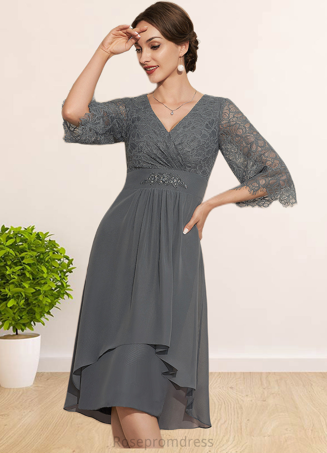 Caroline Sheath/Column V-neck Knee-Length Chiffon Lace Mother of the Bride Dress With Beading Cascading Ruffles SRS126P0014930