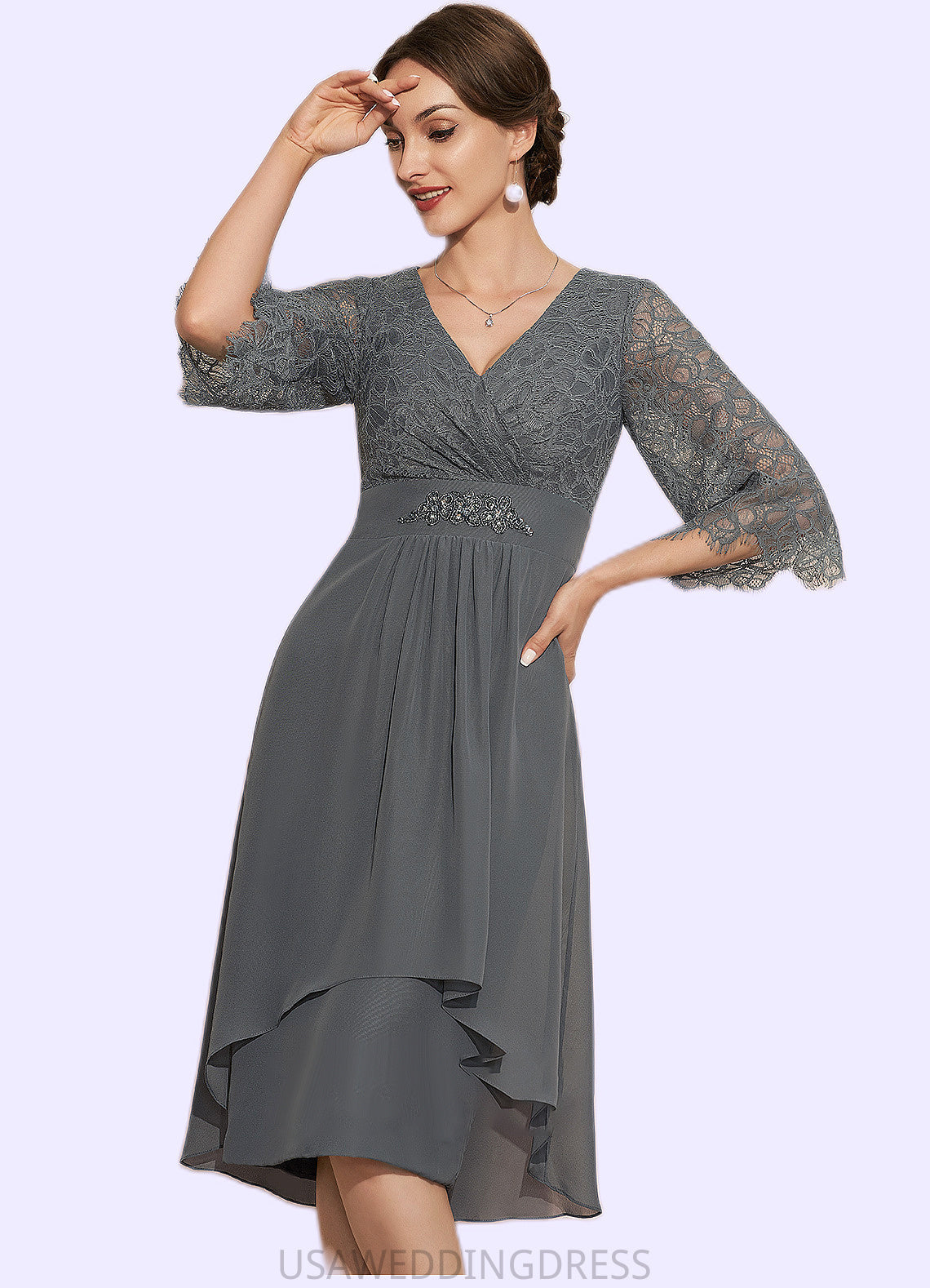 Violet Sheath/Column V-neck Knee-Length Chiffon Lace Mother of the Bride Dress With Beading Cascading Ruffles DS126P0014930