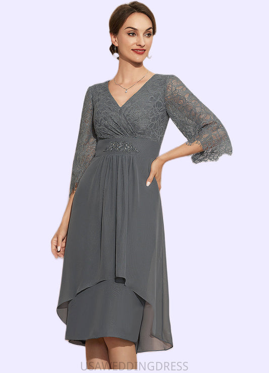 Violet Sheath/Column V-neck Knee-Length Chiffon Lace Mother of the Bride Dress With Beading Cascading Ruffles DS126P0014930