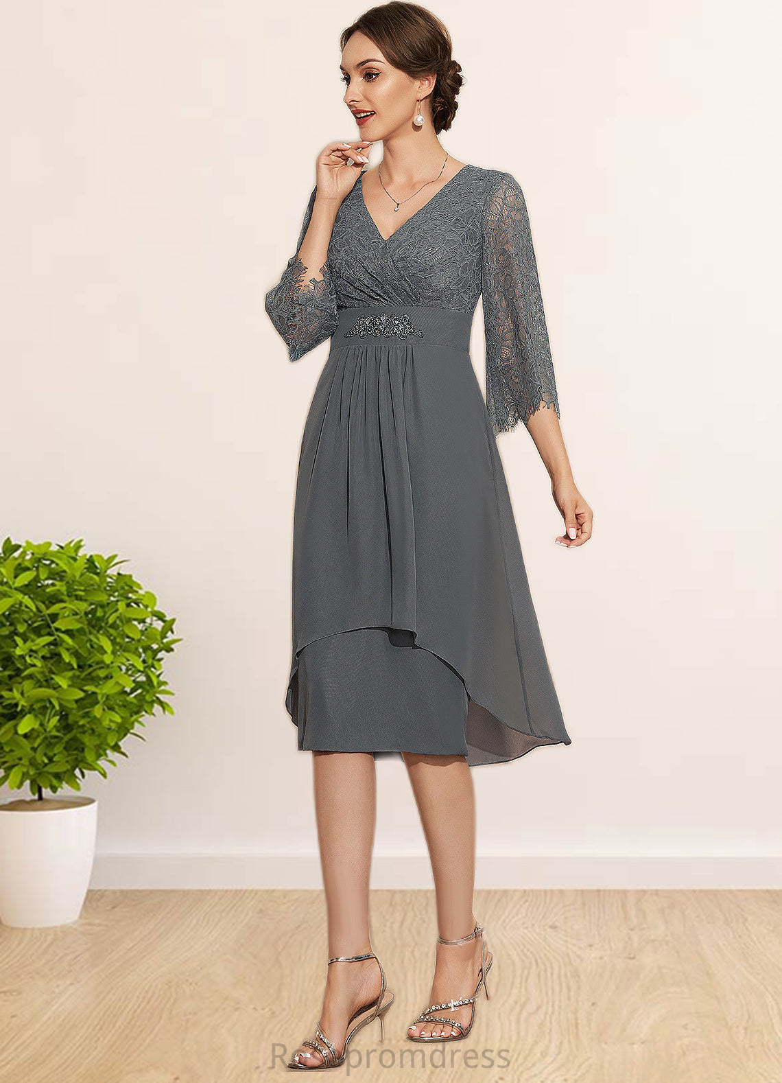 Caroline Sheath/Column V-neck Knee-Length Chiffon Lace Mother of the Bride Dress With Beading Cascading Ruffles SRS126P0014930