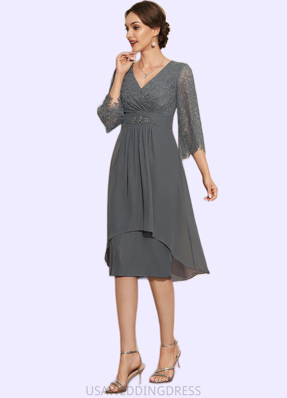 Violet Sheath/Column V-neck Knee-Length Chiffon Lace Mother of the Bride Dress With Beading Cascading Ruffles DS126P0014930