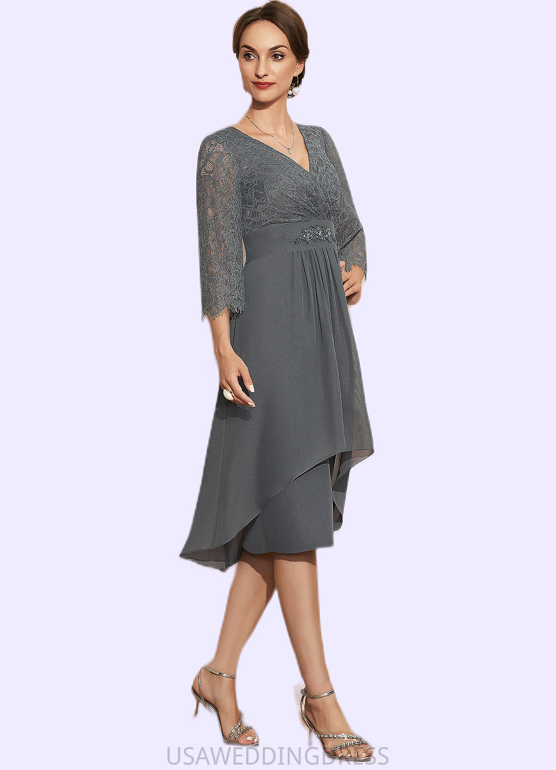 Violet Sheath/Column V-neck Knee-Length Chiffon Lace Mother of the Bride Dress With Beading Cascading Ruffles DS126P0014930