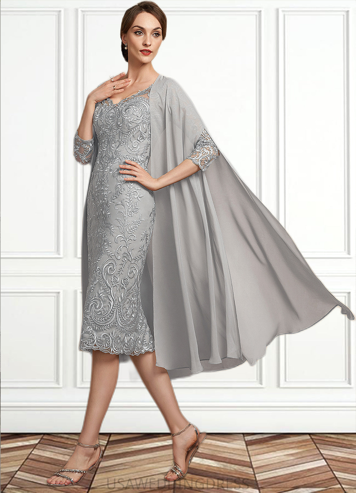 Dayana Sheath/Column V-neck Knee-Length Lace Mother of the Bride Dress DS126P0014931