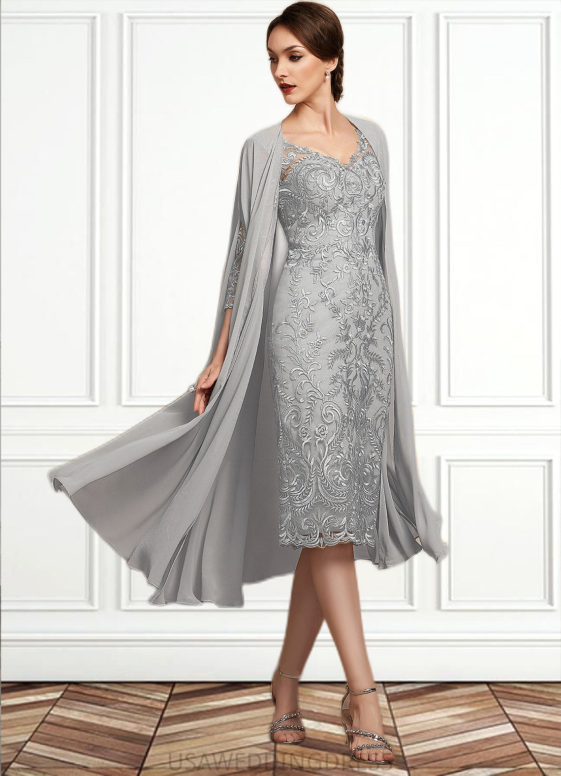 Dayana Sheath/Column V-neck Knee-Length Lace Mother of the Bride Dress DS126P0014931