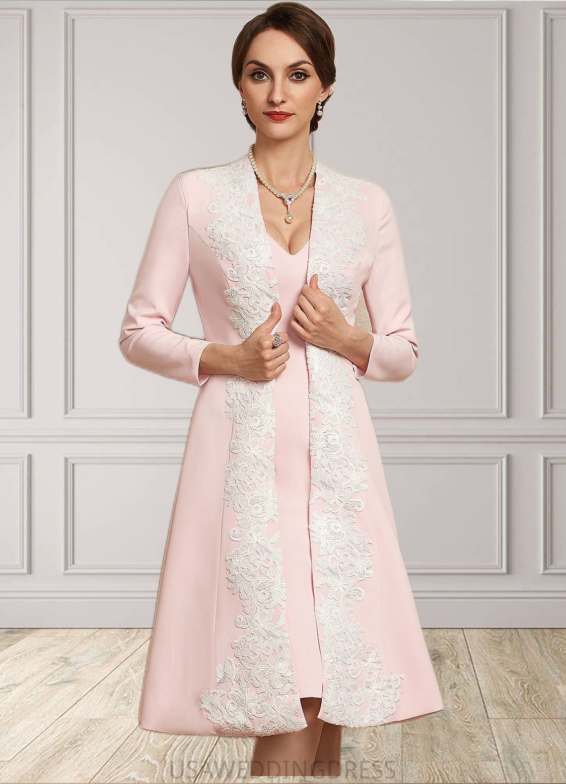 Jenna Sheath/Column V-neck Knee-Length Stretch Crepe Mother of the Bride Dress DS126P0014933