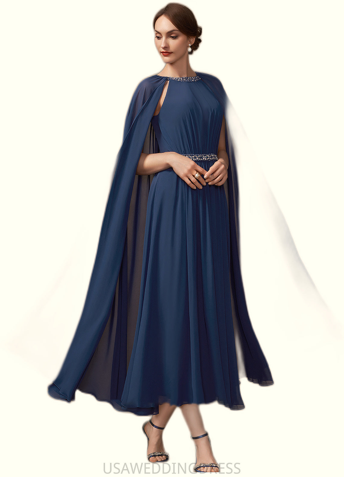 Britney A-Line Scoop Neck Tea-Length Chiffon Mother of the Bride Dress With Beading DS126P0014934