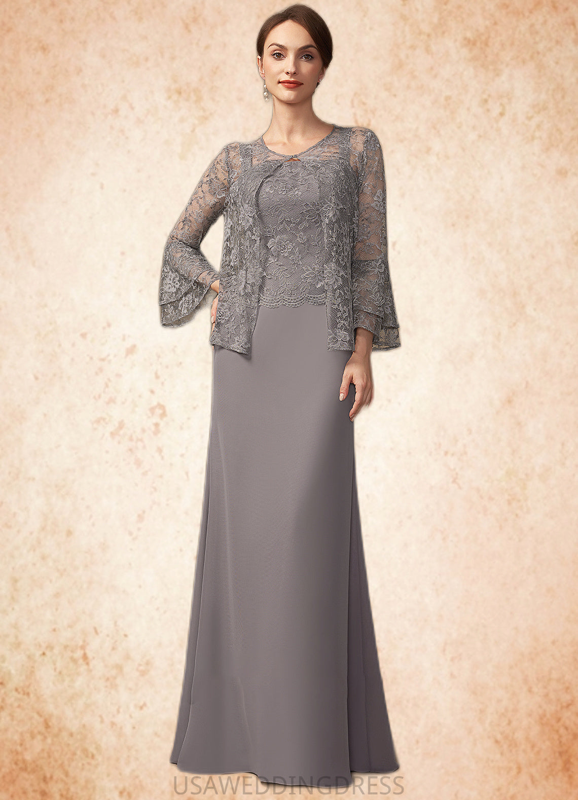 Martha Sheath/Column Square Neckline Floor-Length Chiffon Lace Mother of the Bride Dress DS126P0014936