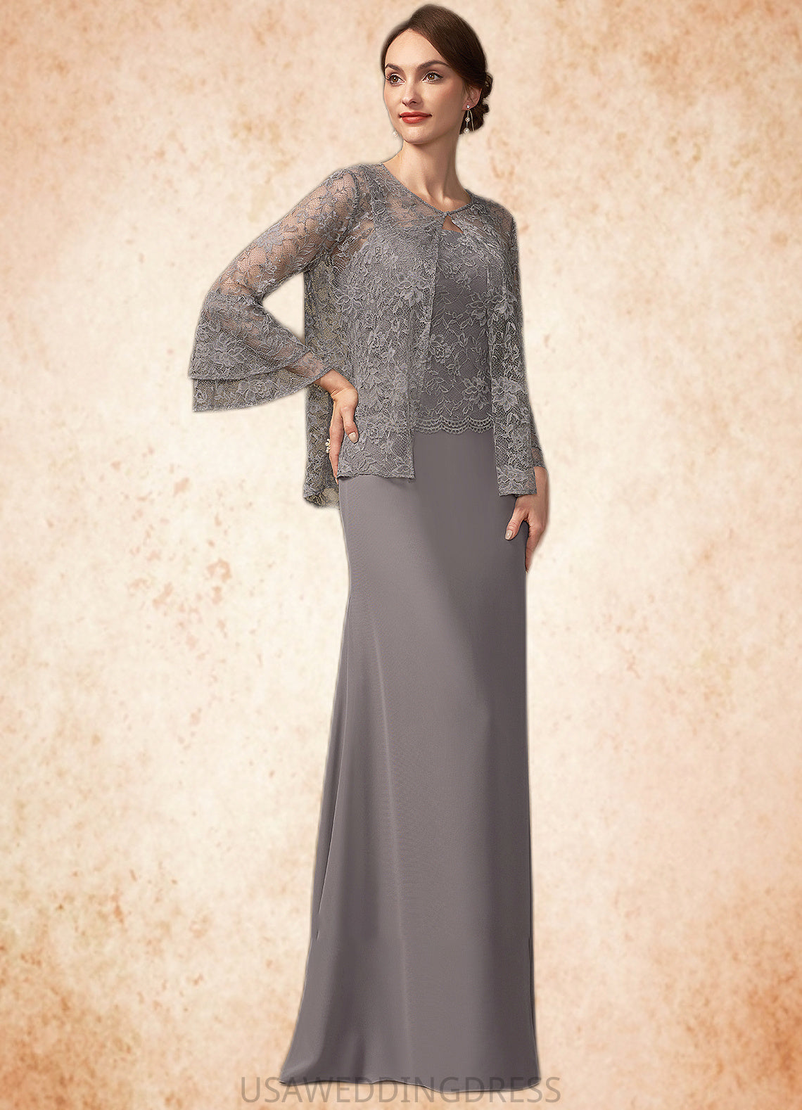 Martha Sheath/Column Square Neckline Floor-Length Chiffon Lace Mother of the Bride Dress DS126P0014936