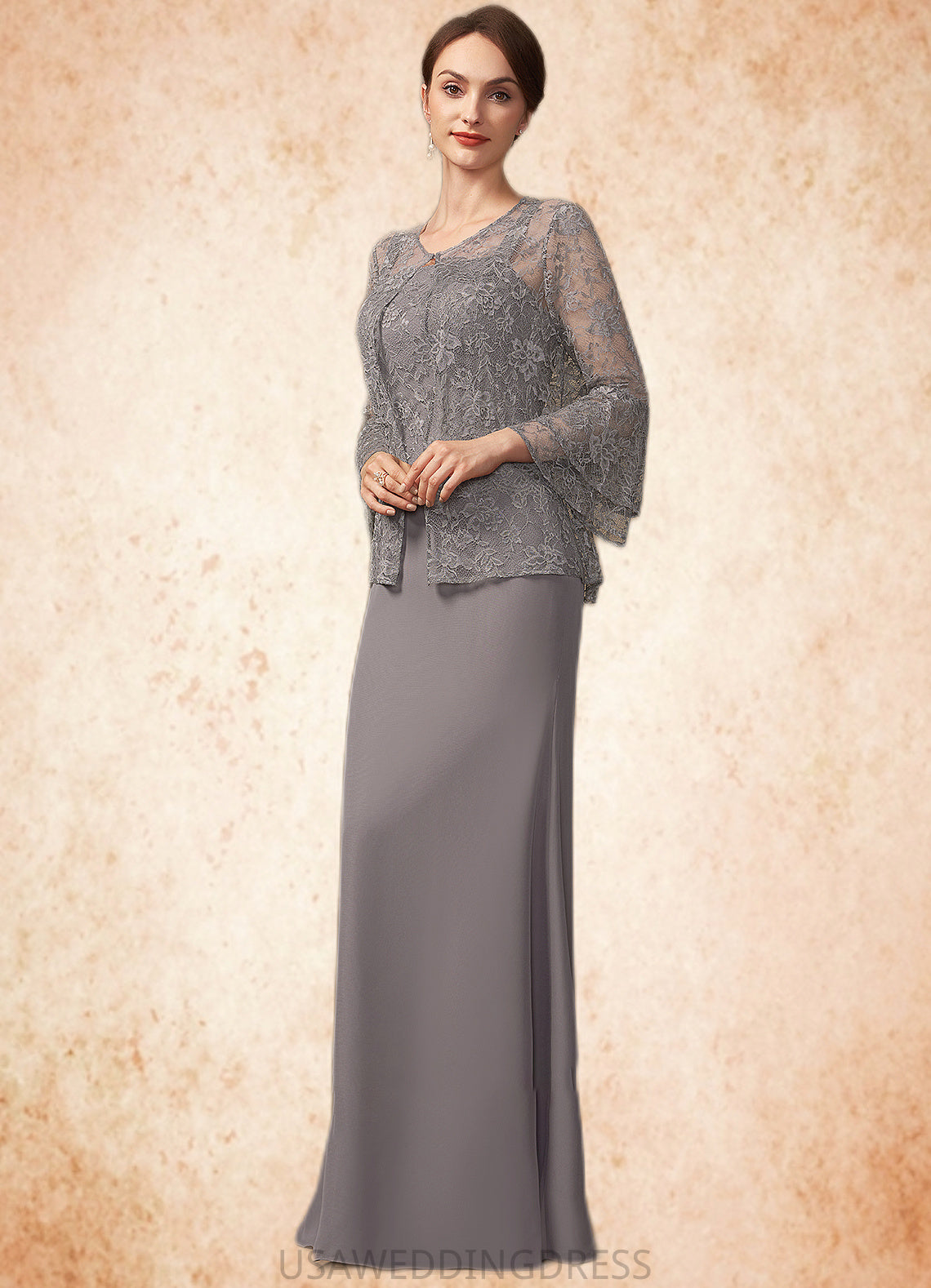 Martha Sheath/Column Square Neckline Floor-Length Chiffon Lace Mother of the Bride Dress DS126P0014936