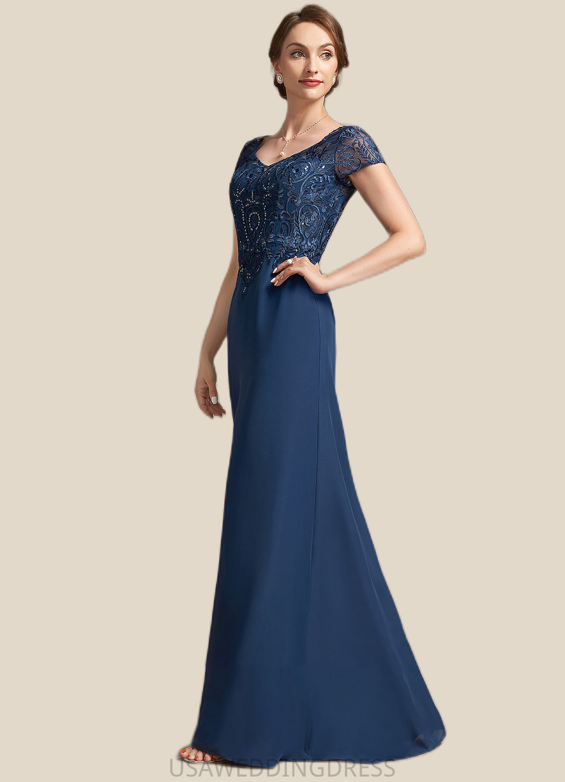 Simone A-Line V-neck Floor-Length Chiffon Lace Mother of the Bride Dress With Sequins DS126P0014938