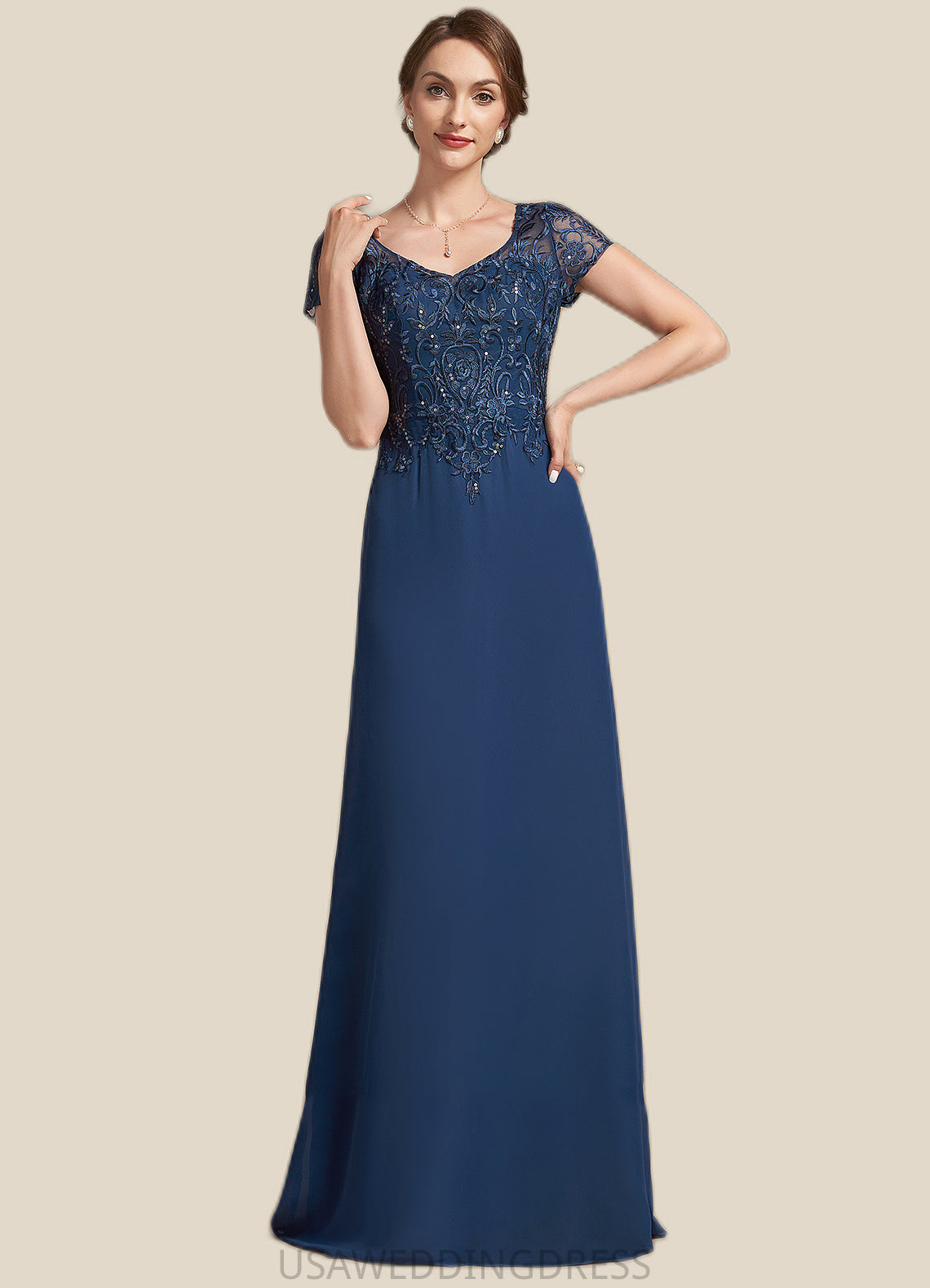 Simone A-Line V-neck Floor-Length Chiffon Lace Mother of the Bride Dress With Sequins DS126P0014938