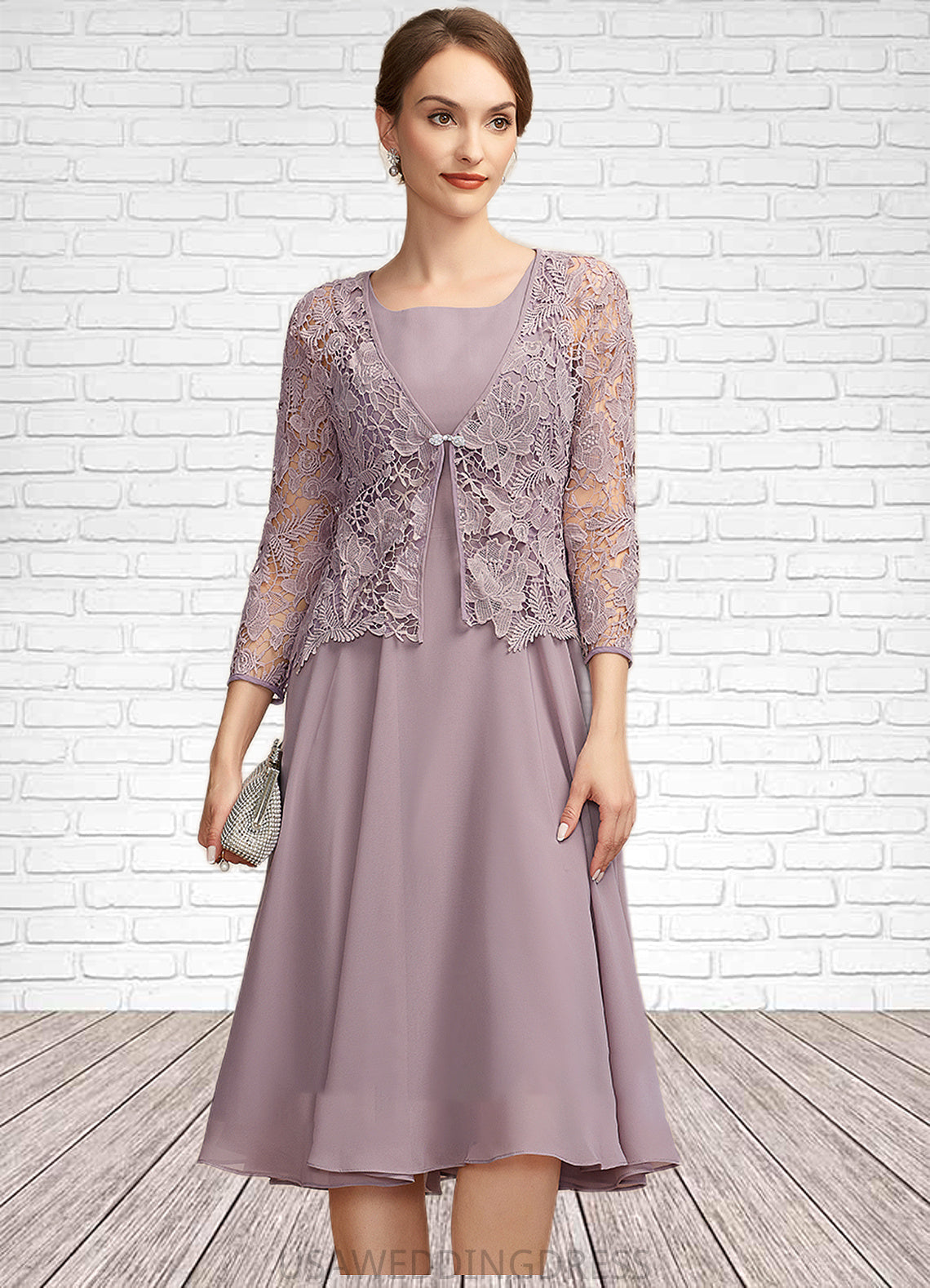 Amanda A-Line Square Neckline Knee-Length Chiffon Mother of the Bride Dress DS126P0014940