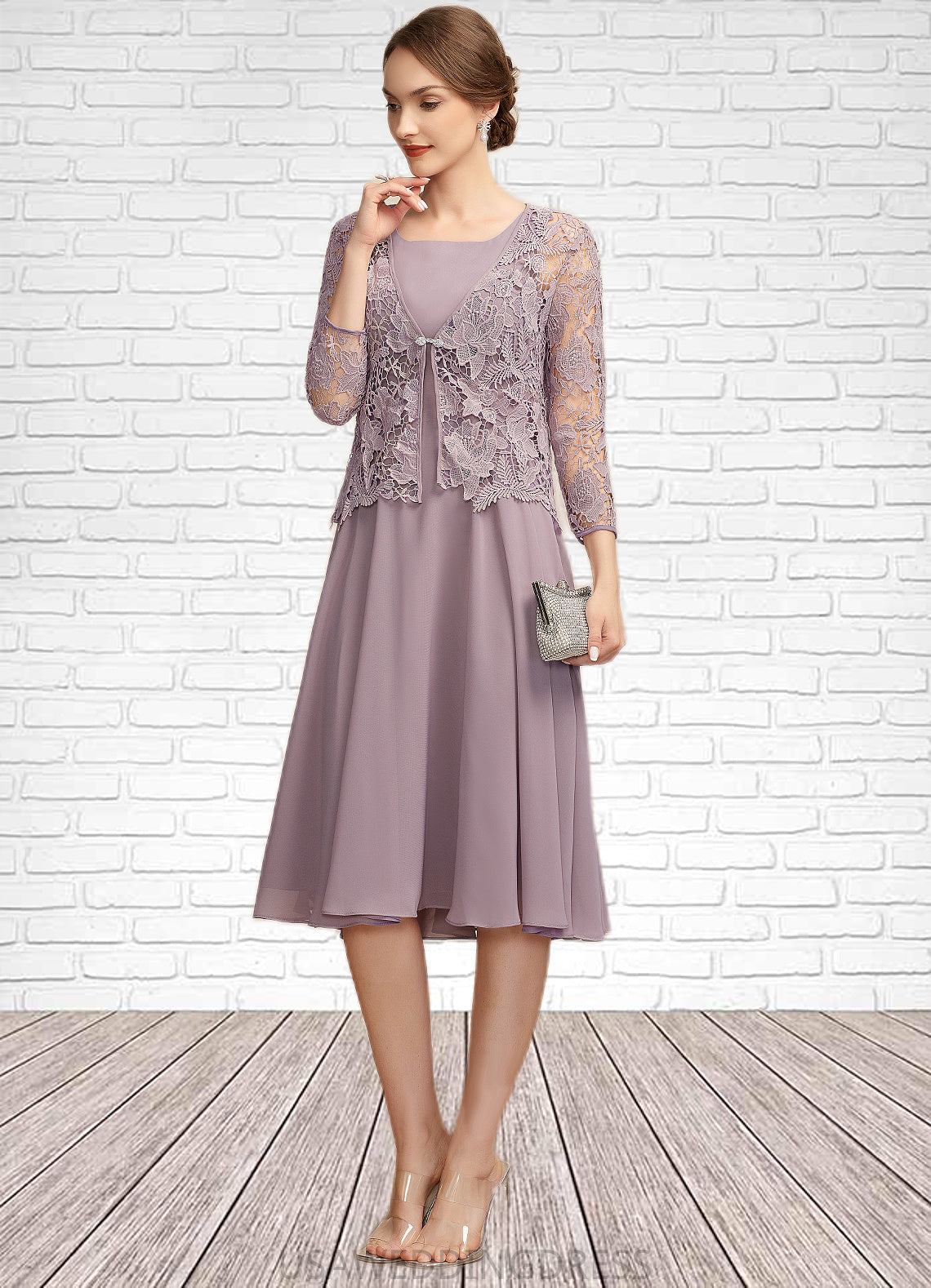 Amanda A-Line Square Neckline Knee-Length Chiffon Mother of the Bride Dress DS126P0014940