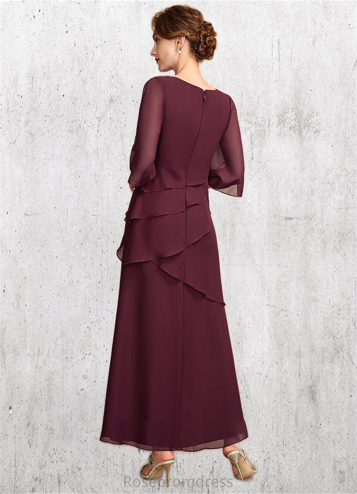 Isabela A-Line Scoop Neck Ankle-Length Chiffon Mother of the Bride Dress With Cascading Ruffles SRS126P0014941