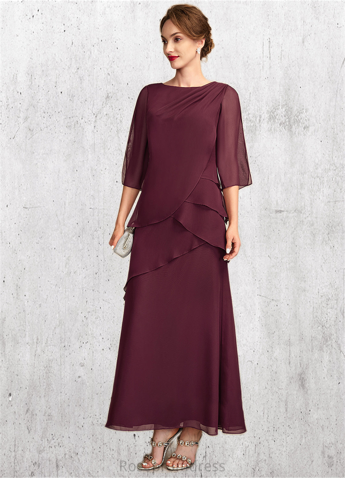 Isabela A-Line Scoop Neck Ankle-Length Chiffon Mother of the Bride Dress With Cascading Ruffles SRS126P0014941