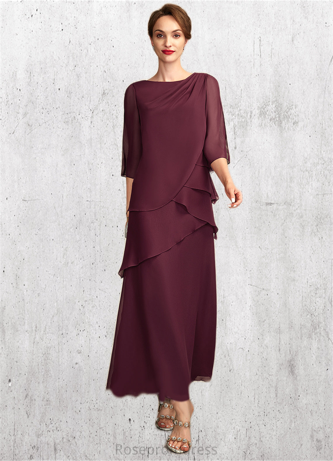 Isabela A-Line Scoop Neck Ankle-Length Chiffon Mother of the Bride Dress With Cascading Ruffles SRS126P0014941
