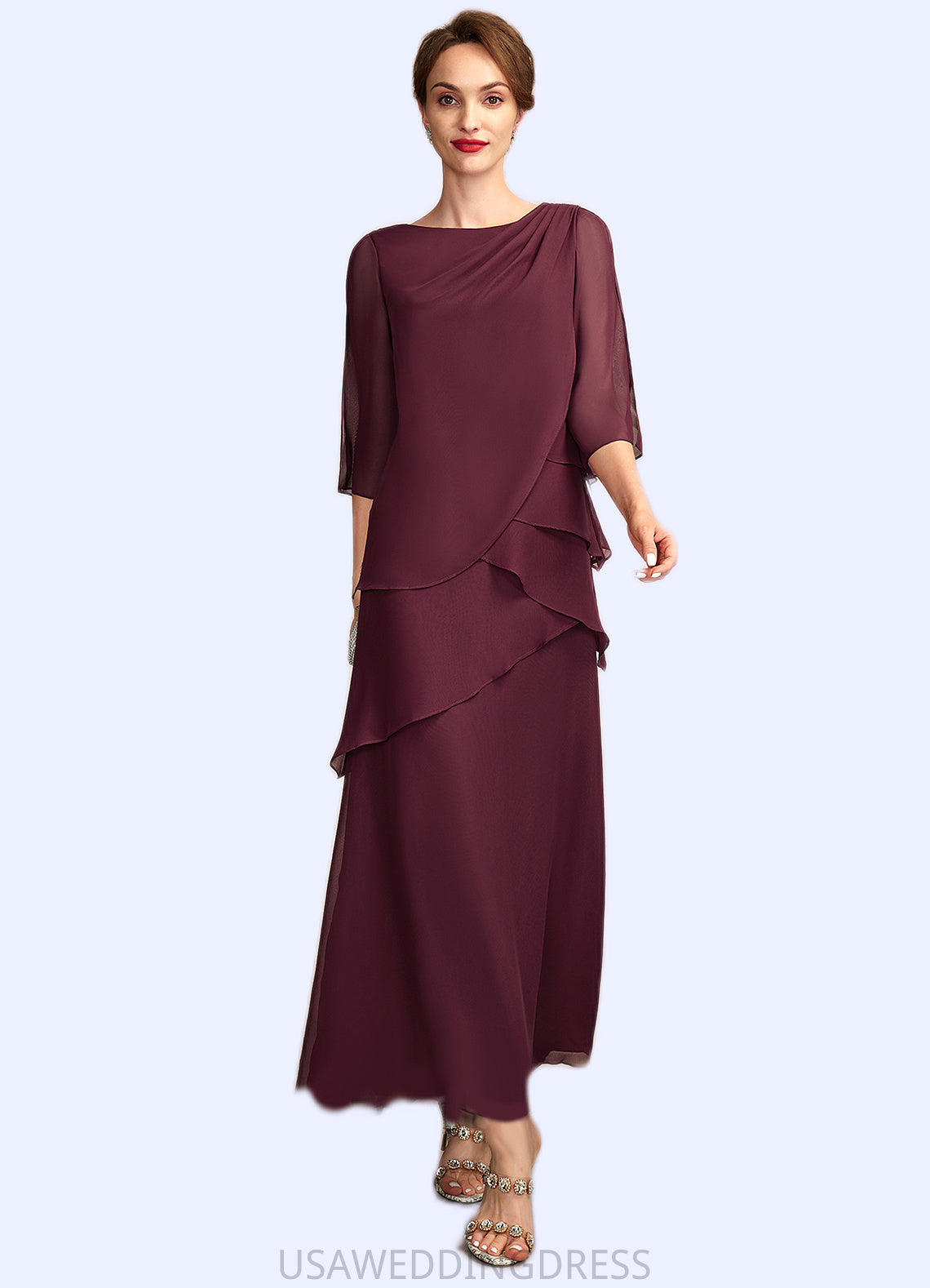 Raquel A-Line Scoop Neck Ankle-Length Chiffon Mother of the Bride Dress With Cascading Ruffles DS126P0014941