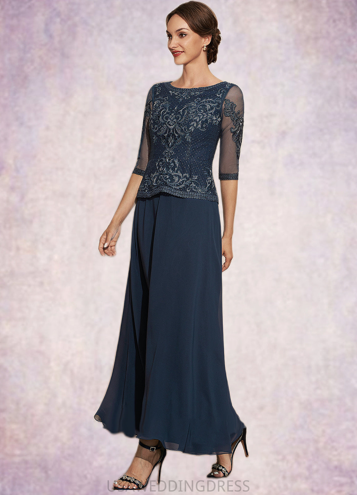 Melody A-Line Scoop Neck Ankle-Length Chiffon Lace Mother of the Bride Dress DS126P0014942