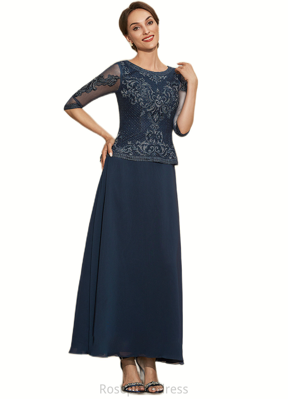 Gabrielle A-Line Scoop Neck Ankle-Length Chiffon Lace Mother of the Bride Dress SRS126P0014942