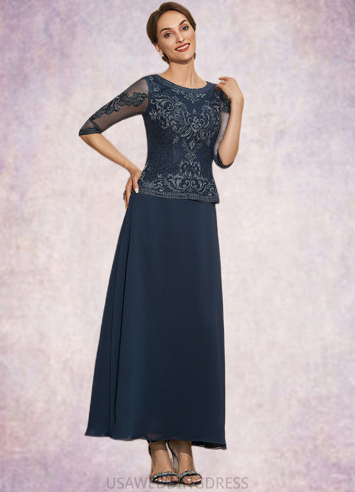 Melody A-Line Scoop Neck Ankle-Length Chiffon Lace Mother of the Bride Dress DS126P0014942