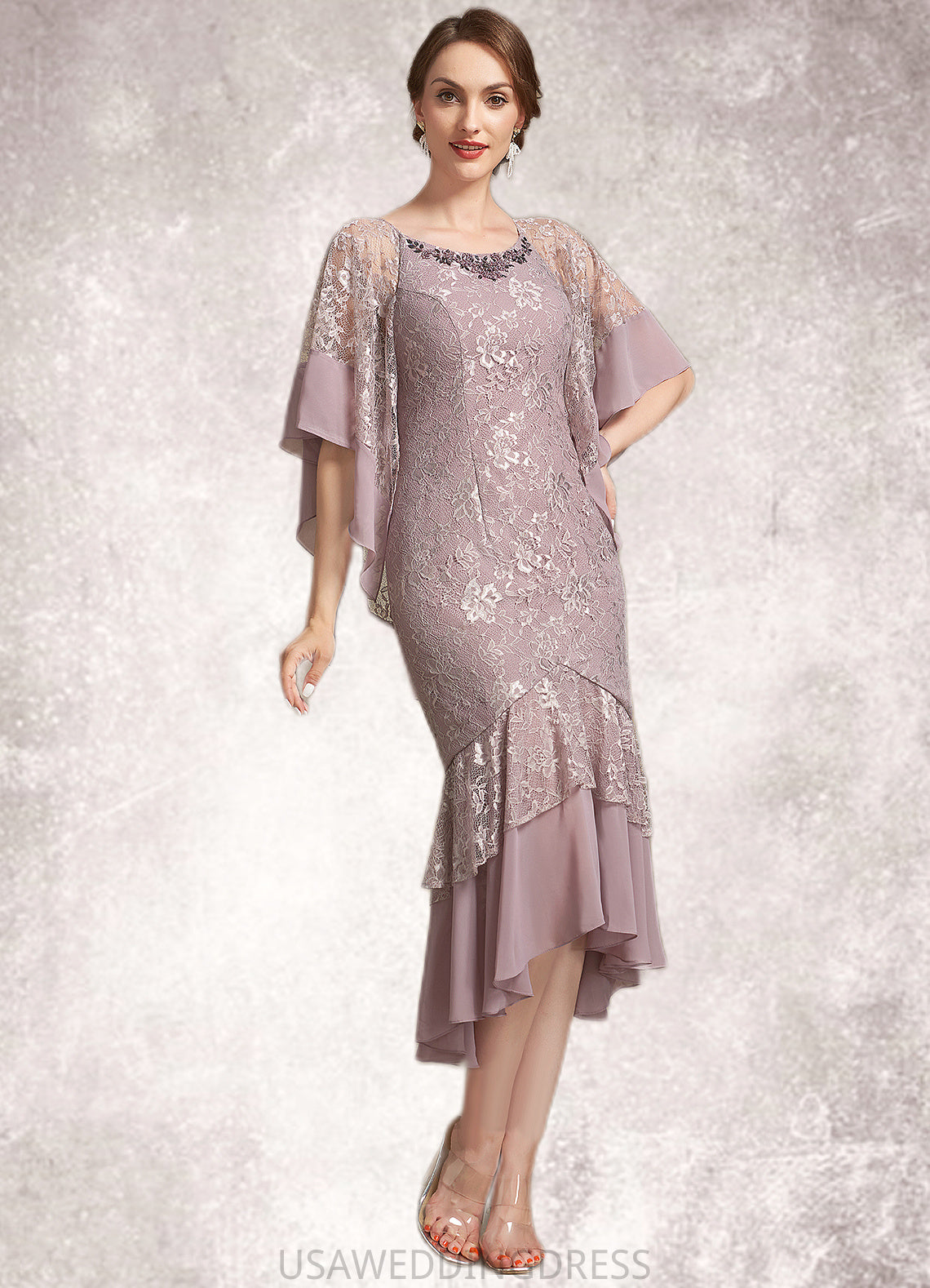 Sofia Trumpet/Mermaid Scoop Neck Asymmetrical Chiffon Lace Mother of the Bride Dress DS126P0014945