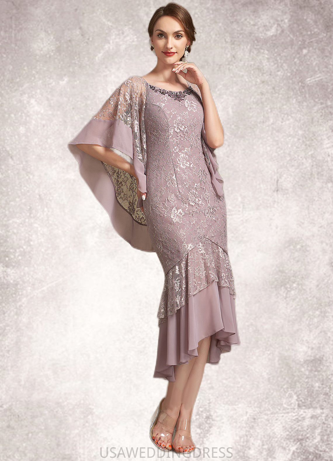 Sofia Trumpet/Mermaid Scoop Neck Asymmetrical Chiffon Lace Mother of the Bride Dress DS126P0014945