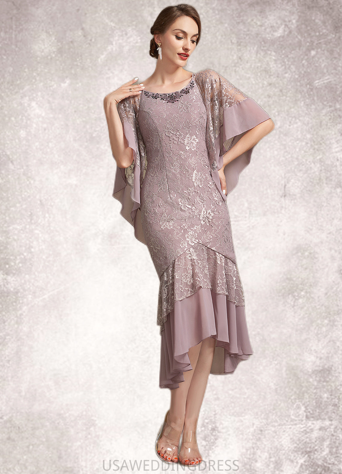 Sofia Trumpet/Mermaid Scoop Neck Asymmetrical Chiffon Lace Mother of the Bride Dress DS126P0014945